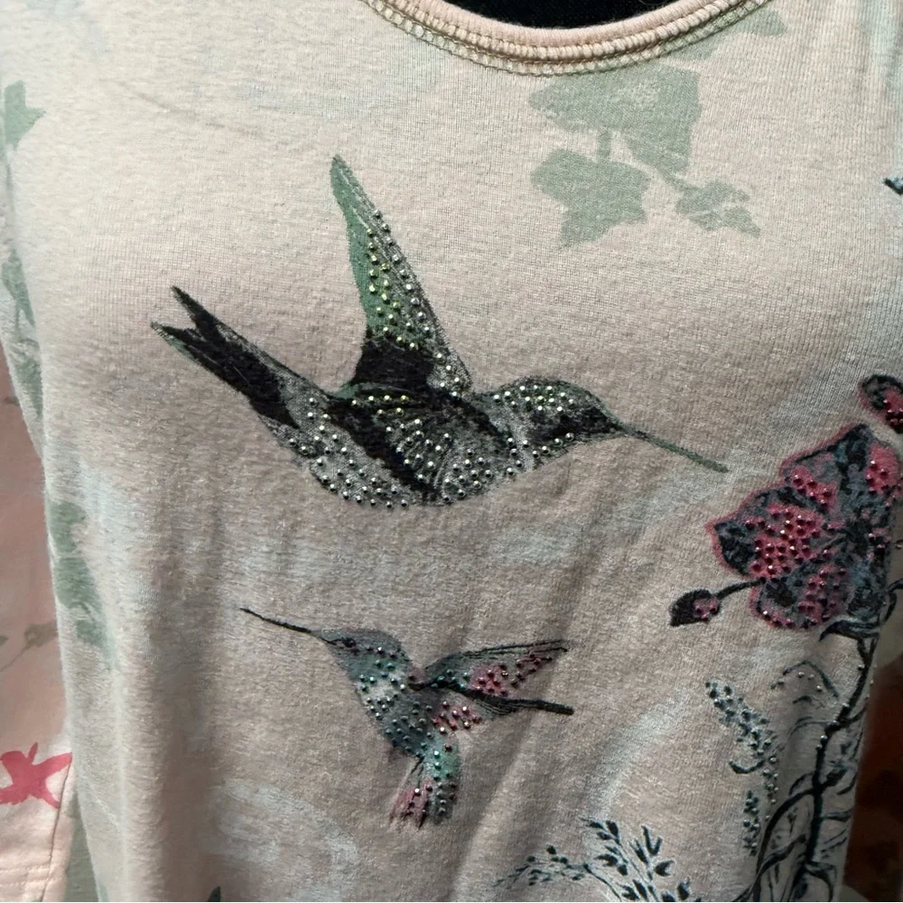 Cactus Bay Hummingbird Floral Tee Pink Rhinestone Birds 3/4 Sleeve Top L - Picture 3 of 9